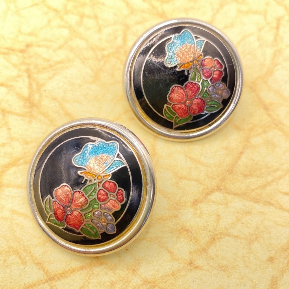 Vintage Enameled Cloisonne Black Floral Butterfly Pierced Earrings